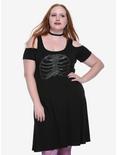 Black Iridescent Rib Cage Cold Shoulder Dress Plus Size, BLACK, hi-res