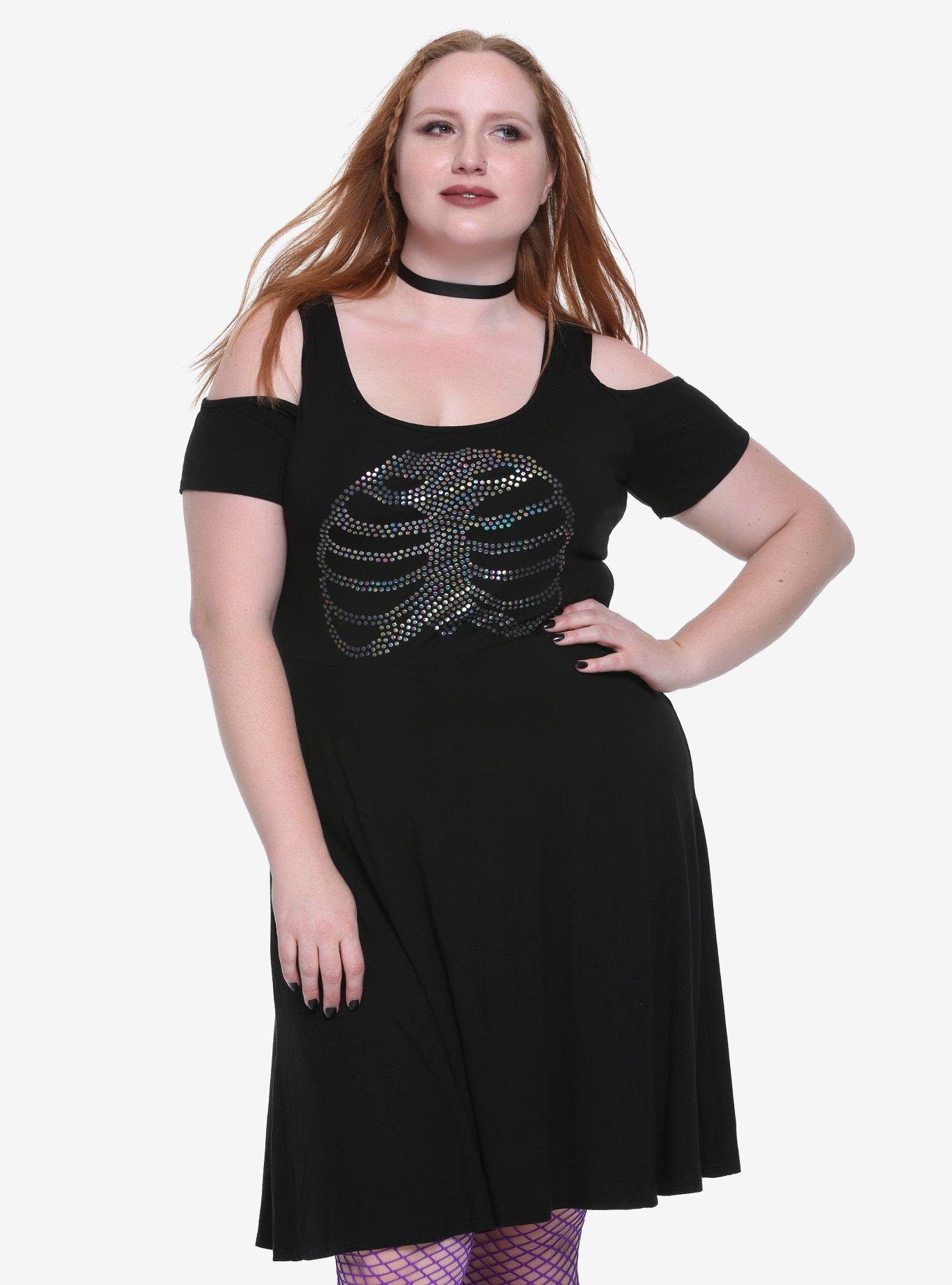 Black Iridescent Rib Cage Cold Shoulder Dress Plus Size, BLACK, hi-res