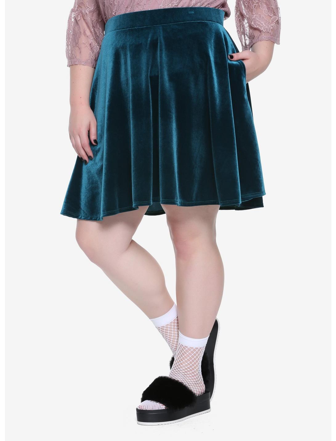 Green Velvet Skater Skirt Plus Size, TEAL, hi-res