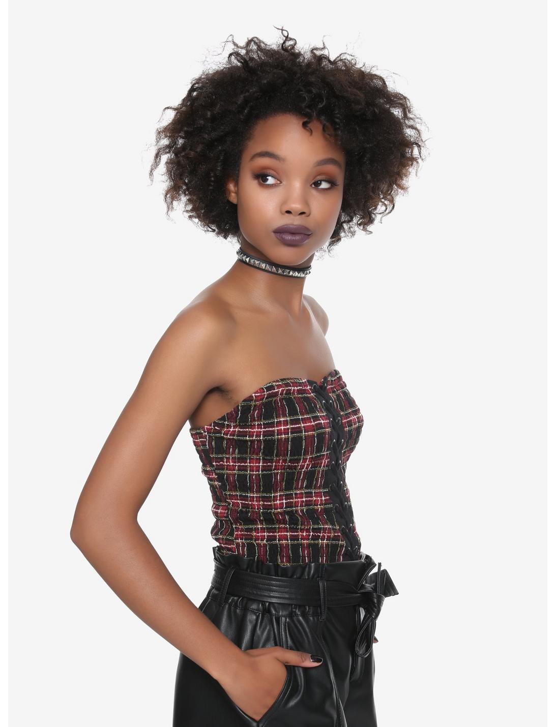 Plaid Smocked Lace-Front Bustier Girls Tube Top, RED, hi-res