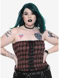 Plaid Smocked Lace-Front Bustier Girls Tube Top Plus Sizes, RED, hi-res