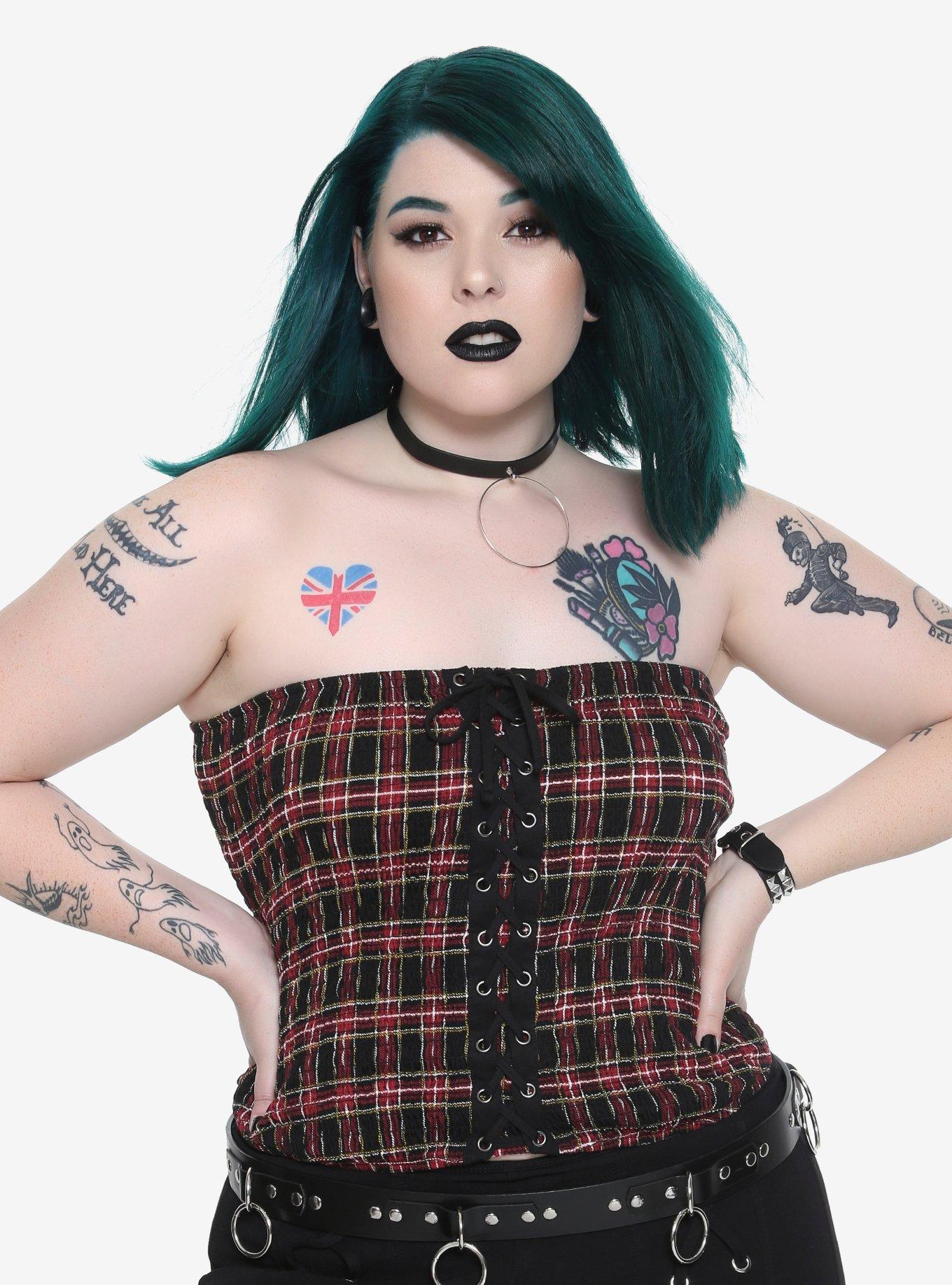Plaid Smocked Lace-Front Bustier Girls Tube Top Plus Sizes, RED, hi-res