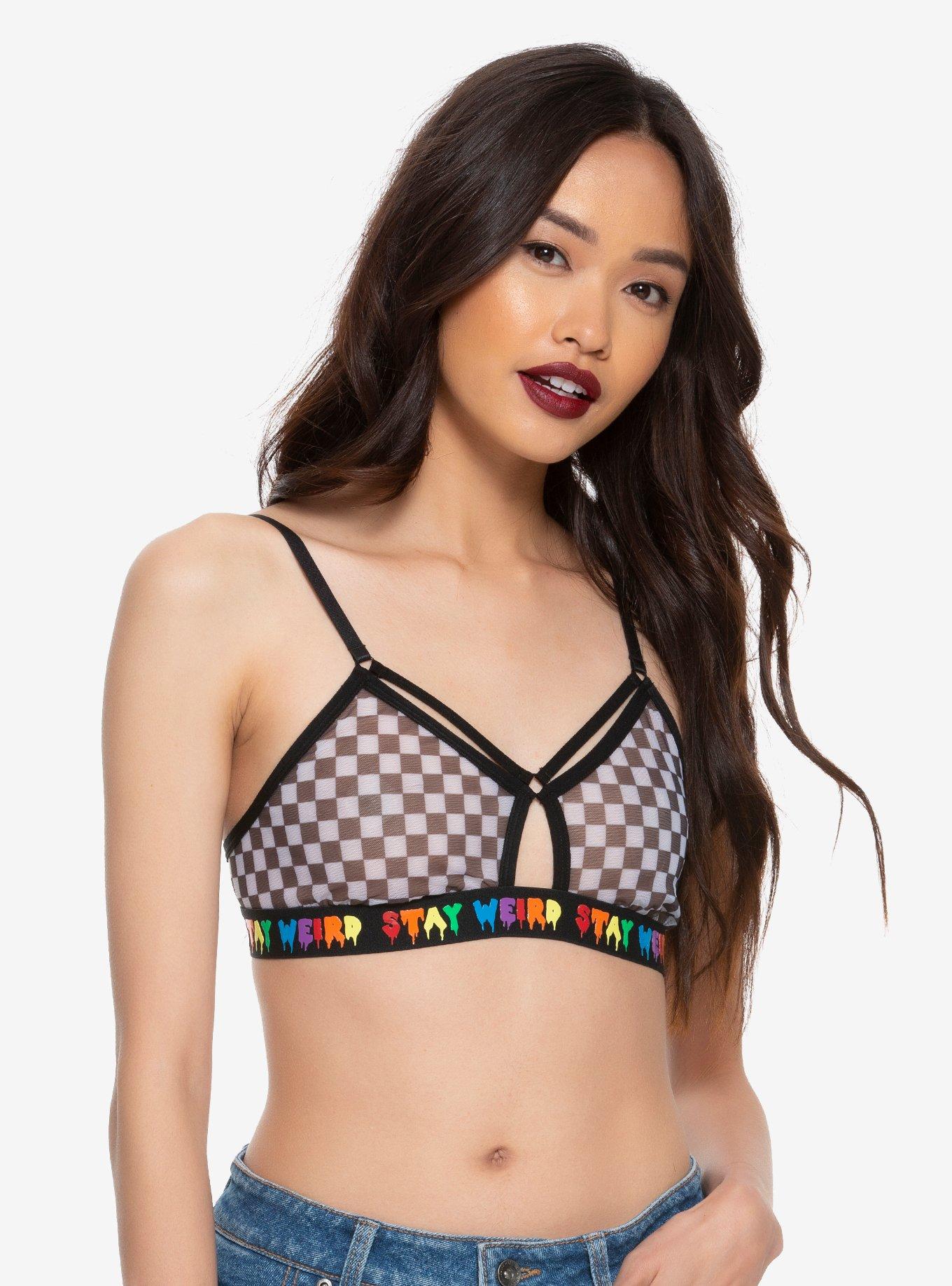 Checkered Mesh Stay Weird Bralette, BLACK, hi-res