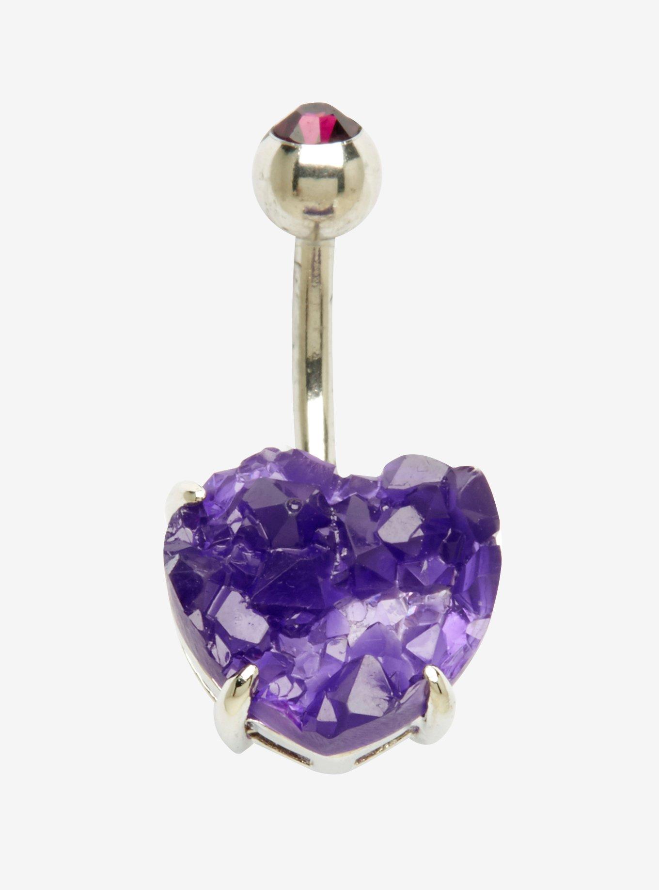 14G Purple Druzzy Heart Navel Barbell, , hi-res
