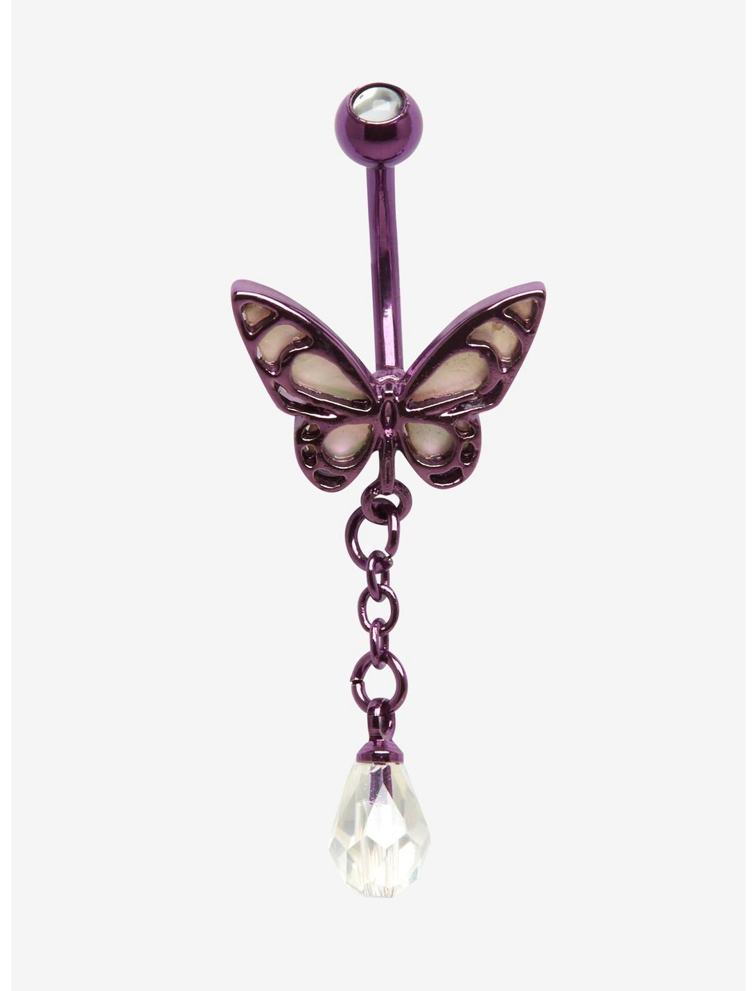 14G Steel Purple Butterfly Clear Dangle Bead Navel Barbell, , hi-res