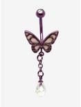 14G Steel Purple Butterfly Clear Dangle Bead Navel Barbell, , hi-res