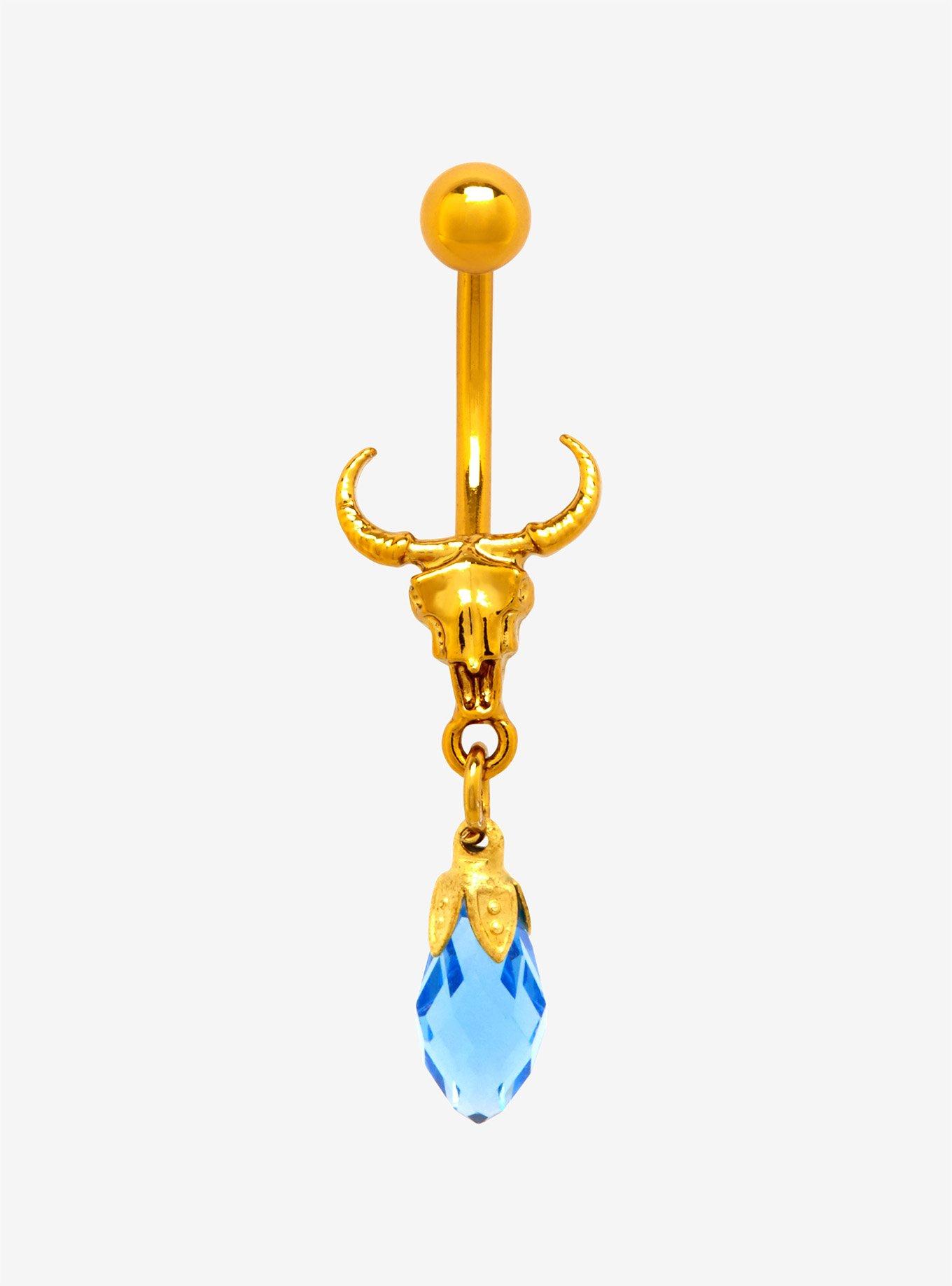14G Steel Gold Steer Head Blue Dangle Navel Ring, , hi-res