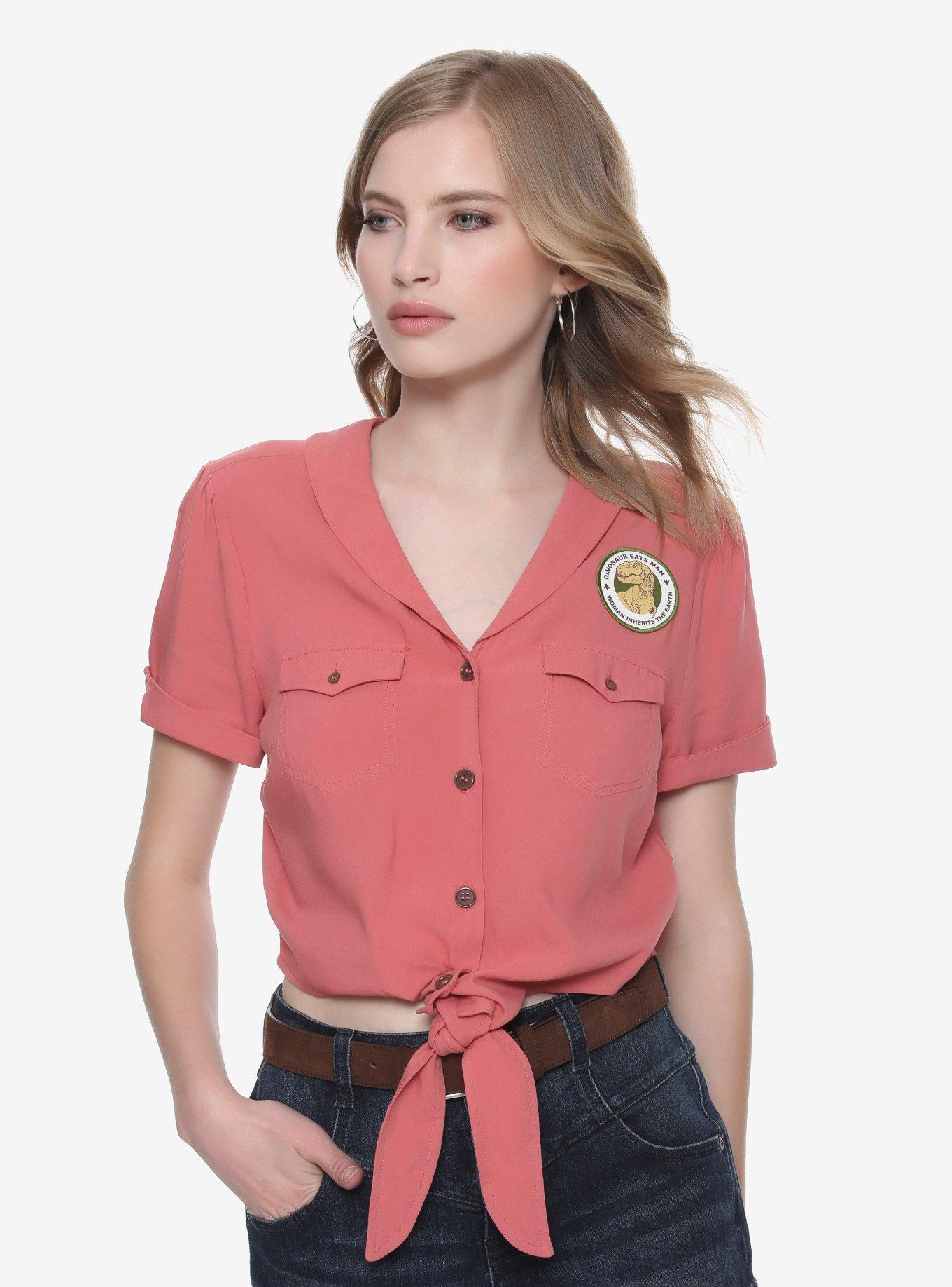 Jurassic Park Ellie Tie-Front Girls Crop Woven Button-Up, SALMON, hi-res