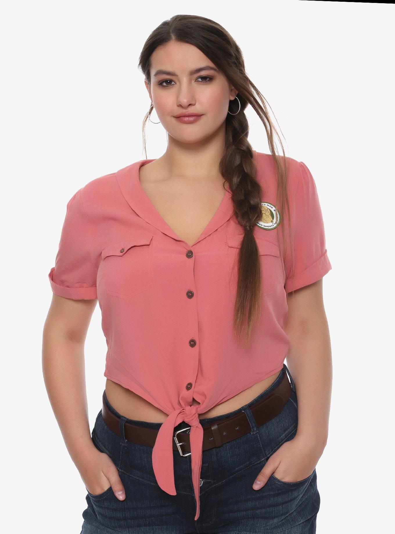 Jurassic Park Ellie Tie-Front Girls Crop Woven Button-Up Plus Size