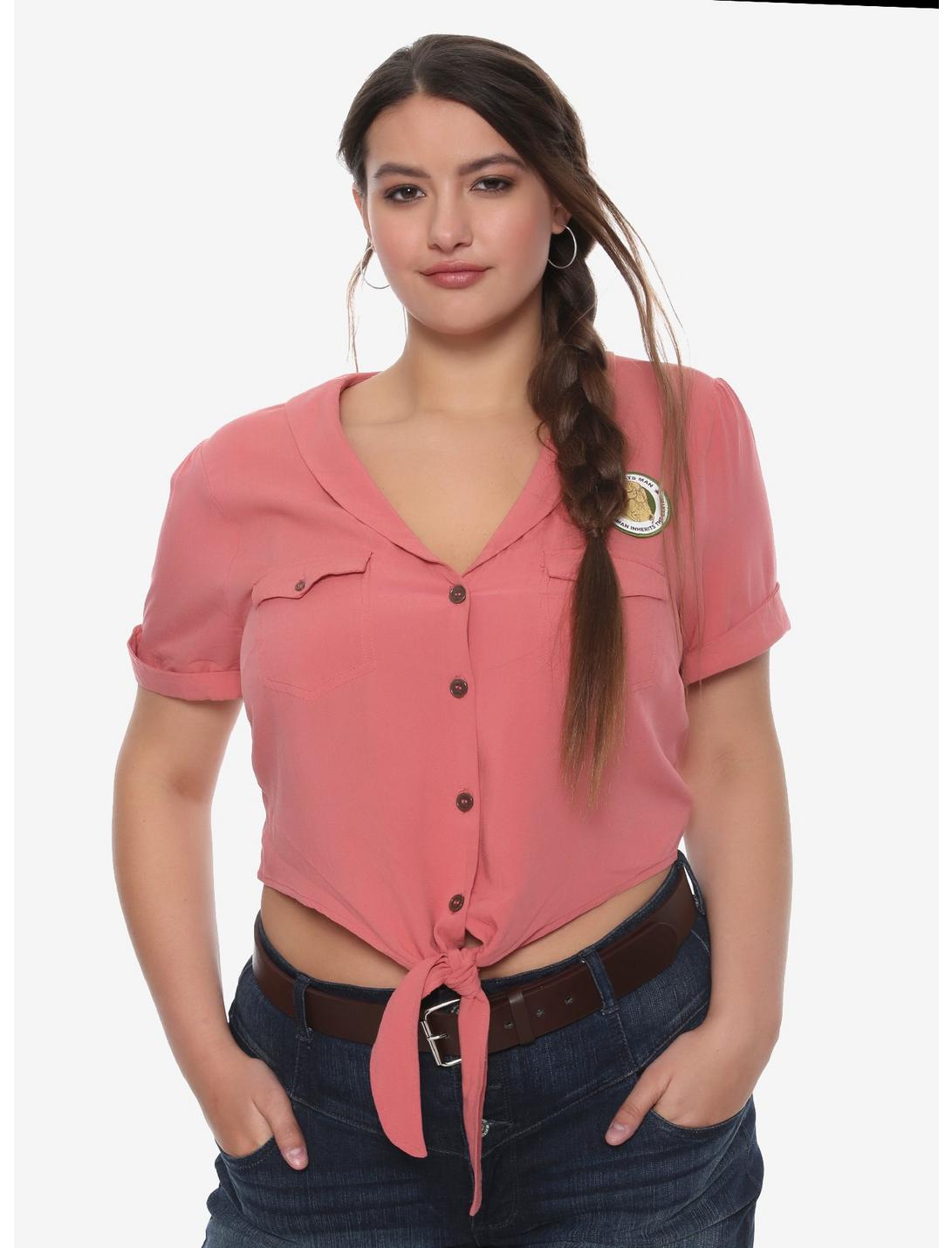 Jurassic Park Ellie Tie-Front Girls Crop Woven Button-Up Plus Size, SALMON, hi-res