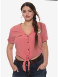 Jurassic Park Ellie Tie-Front Girls Crop Woven Button-Up Plus Size, SALMON, hi-res