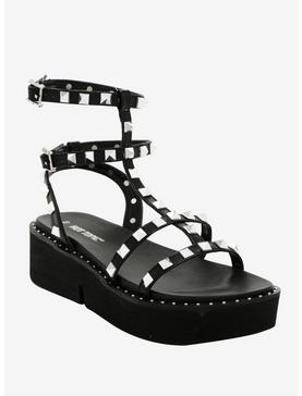 Black Studded Strappy Flatform Sandals, , hi-res
