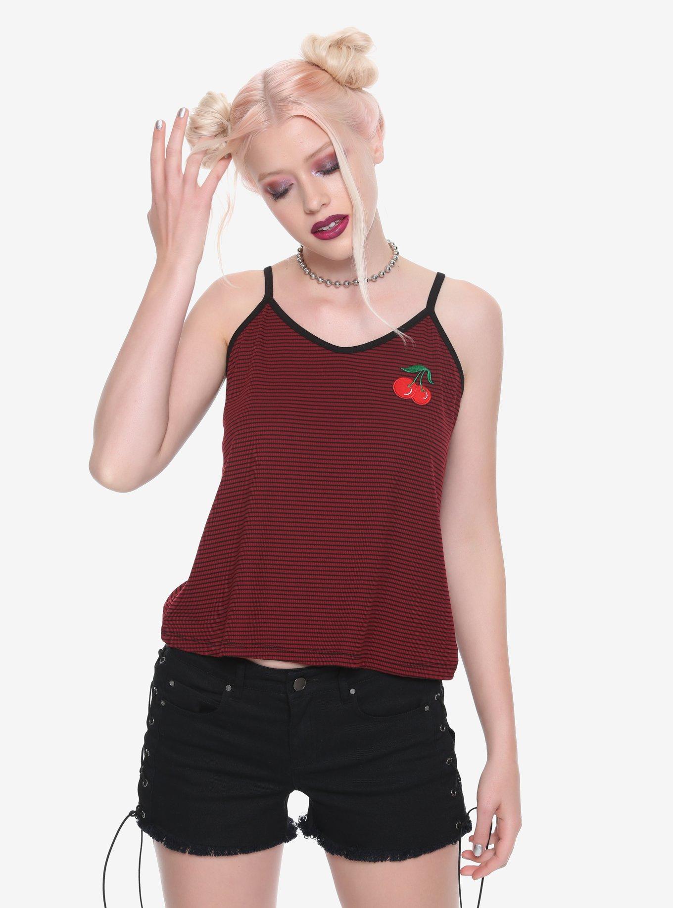 Black & Burgundy Striped Cherry Tank Top, RED, hi-res