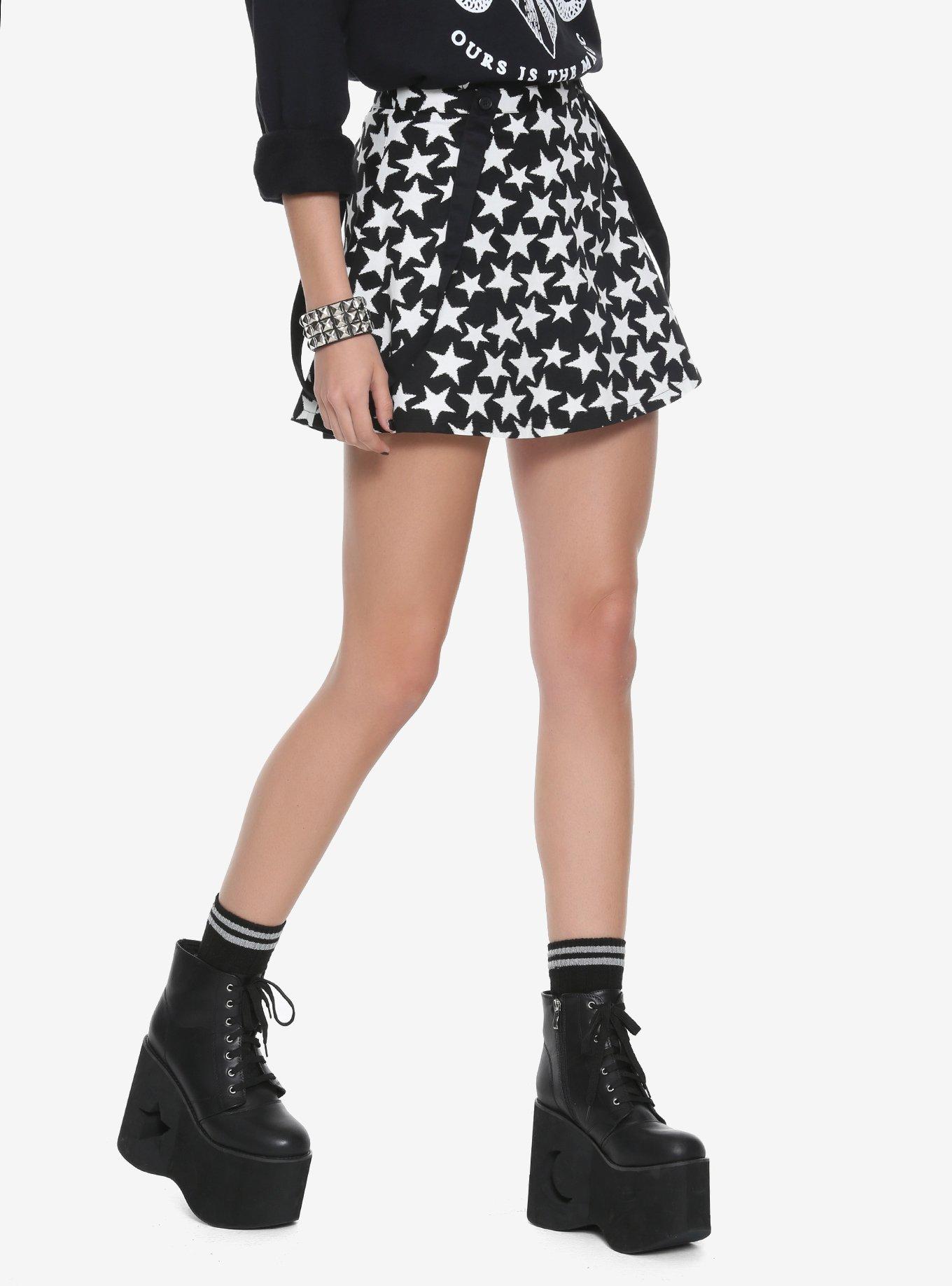 Tripp Black & White Star Print Suspender Skirt, BLACK, hi-res