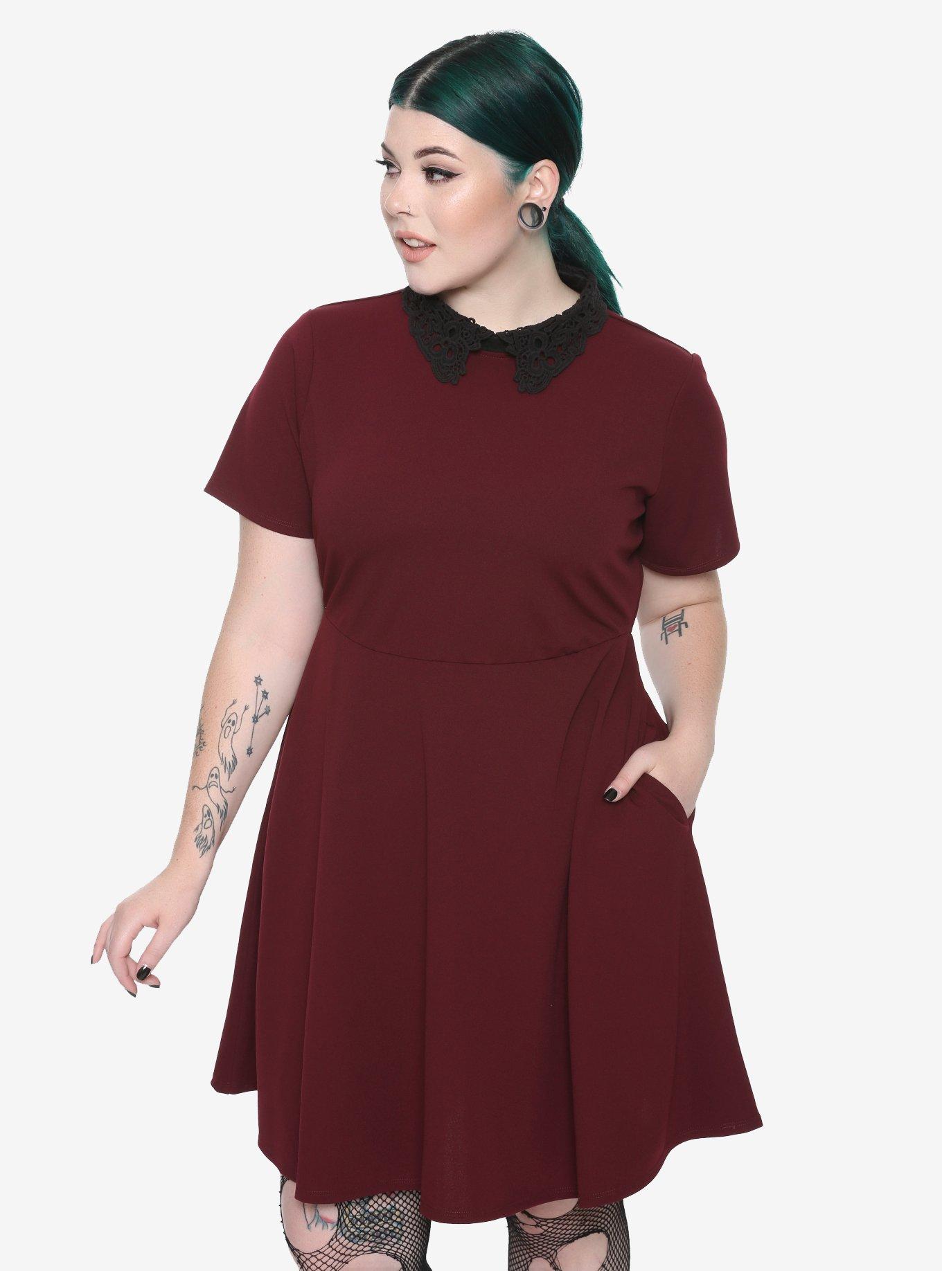 Burgundy & Black Lace Collar Skater Dress Plus Size, BURGUNDY, hi-res