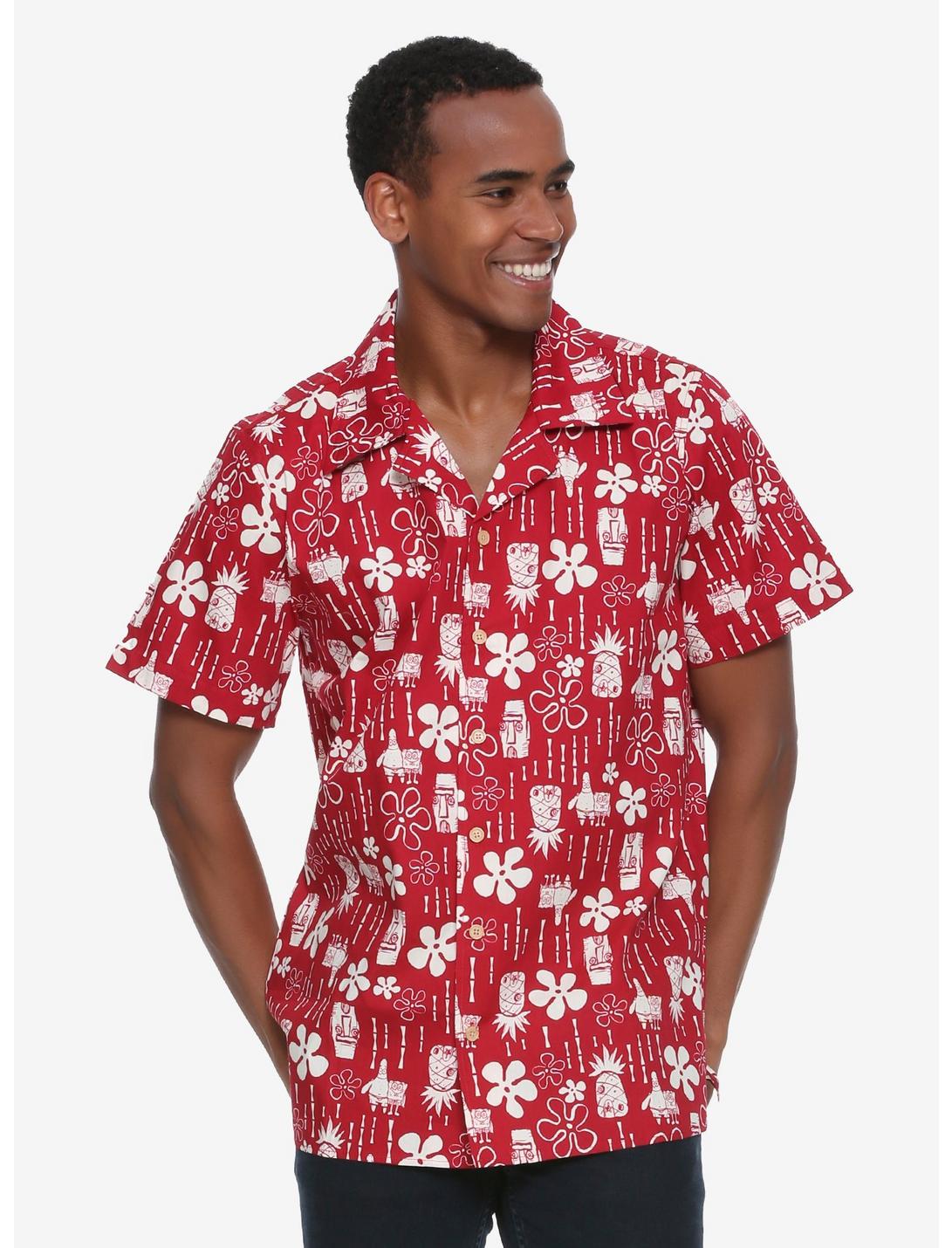 SpongeBob SquarePants Tropical Woven Button-Up - BoxLunch Exclusive, RED, hi-res