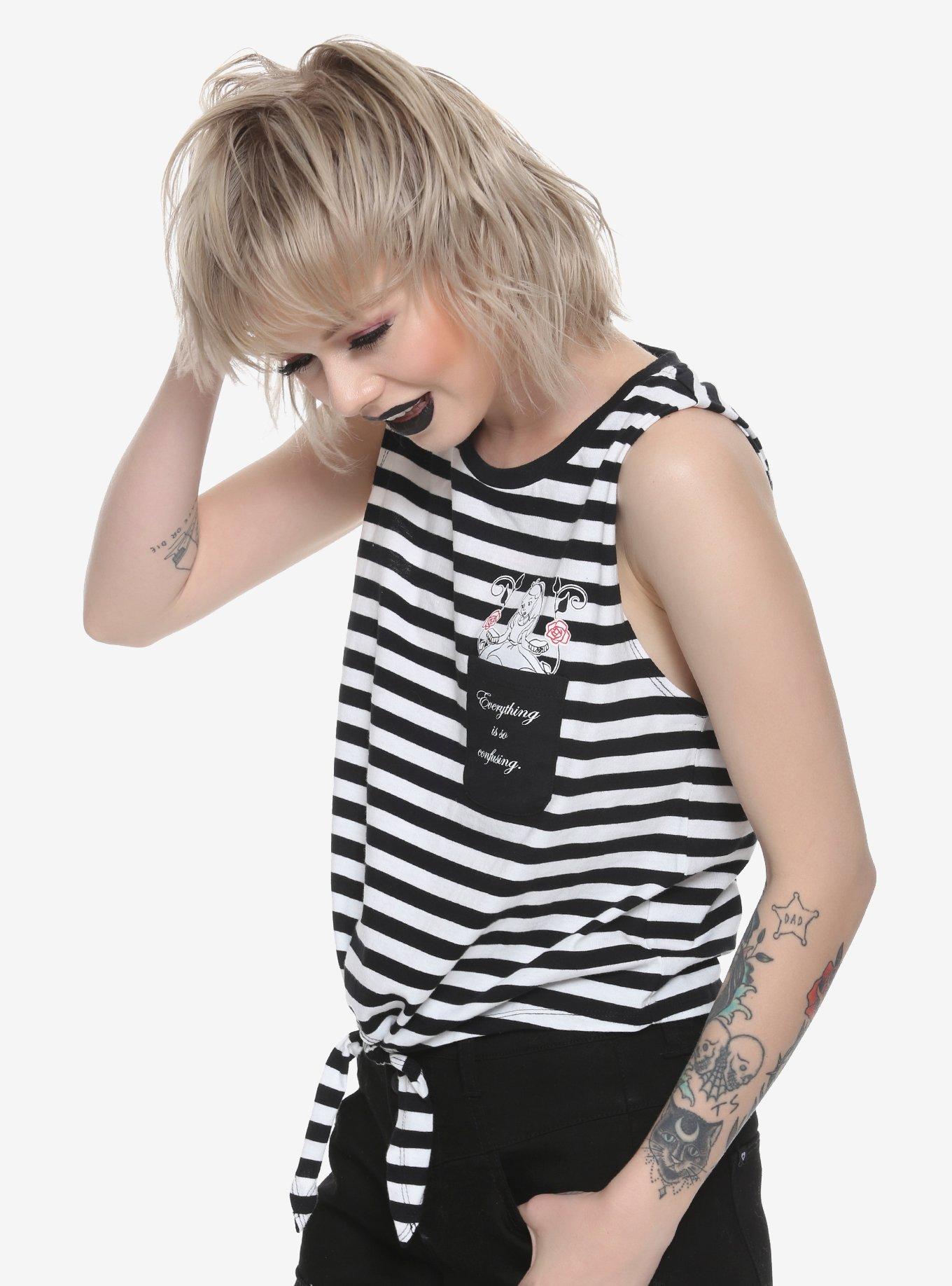 Her Universe Disney Alice In Wonderland Striped Tie-Front Girls Tank Top, BLACK-WHITE STRIPE, hi-res