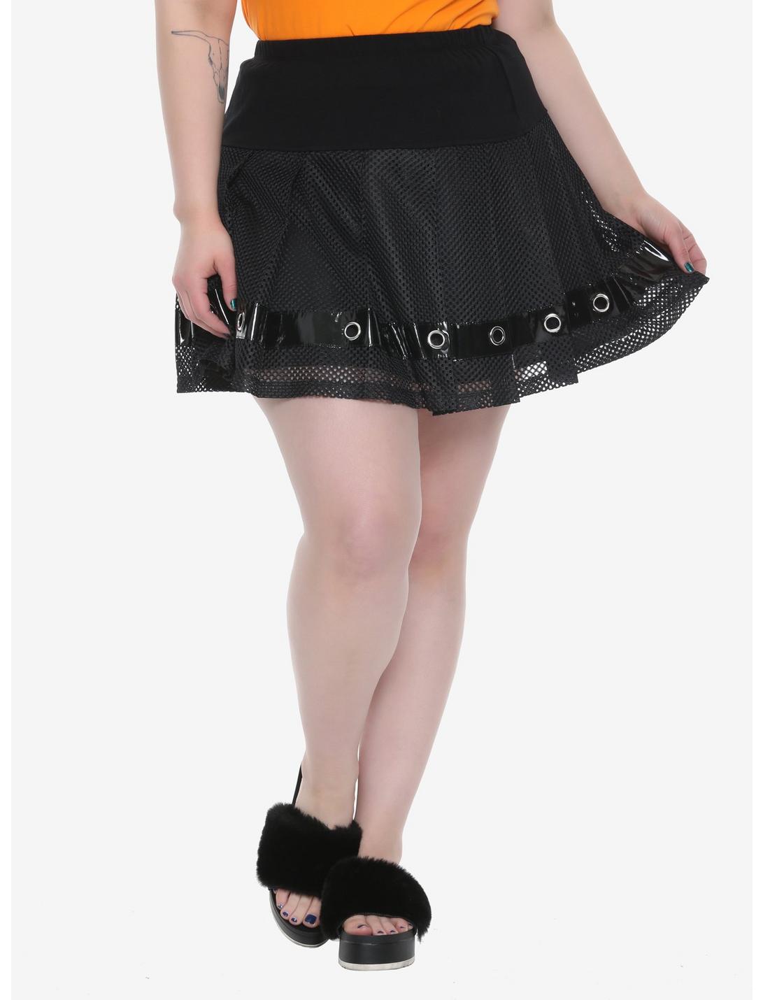 Tripp Black Pleated Mesh Silver Grommet Skirt Plus Size, BLACK, hi-res