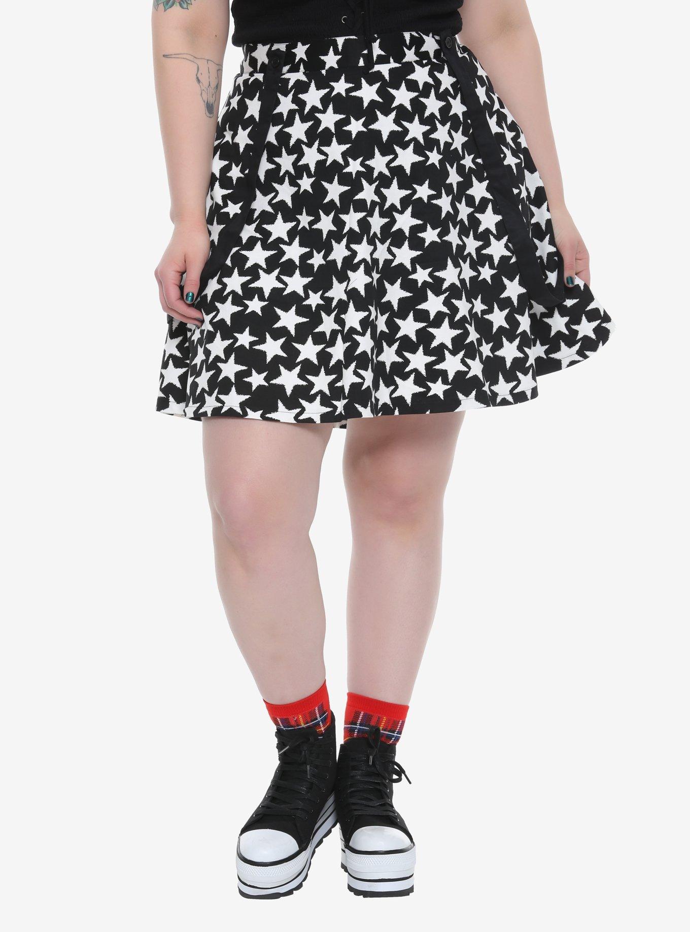 Tripp Black & White Star Print Suspender Skirt Plus Size, BLACK, hi-res