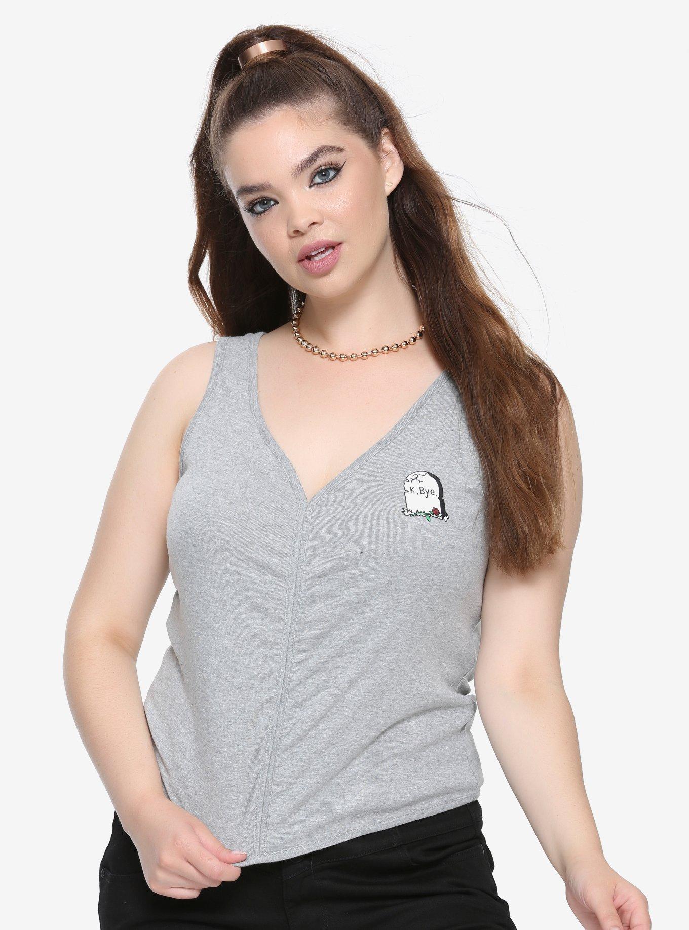 Grey Ruched Front K Bye Headstone Girls Tank Top Plus Size, GREY, hi-res