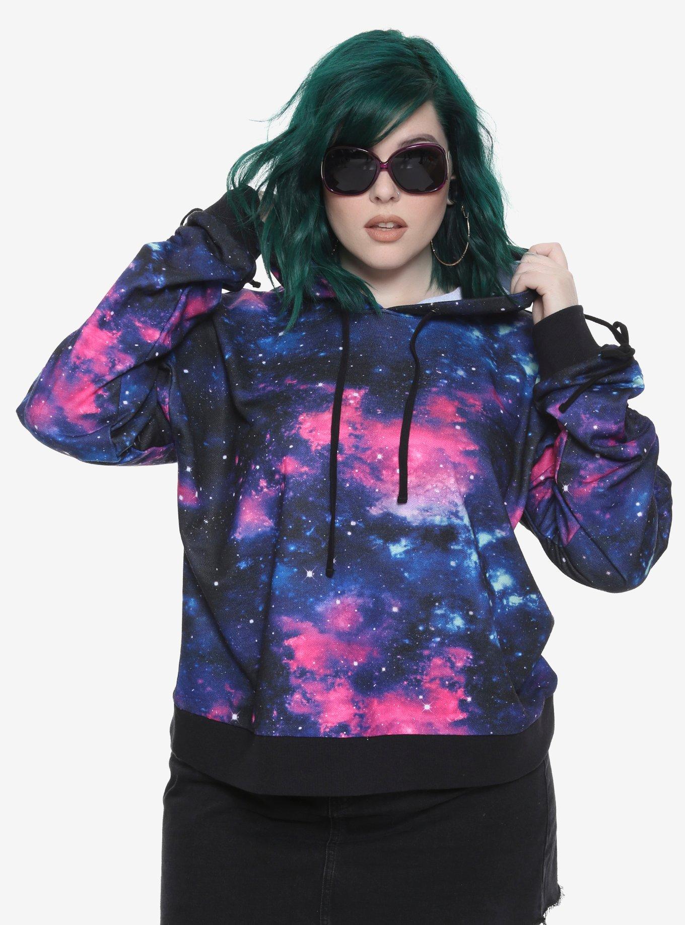 Galaxy Print Ruched Tie Sleeve Girls Hoodie Plus Size, MULTI, hi-res