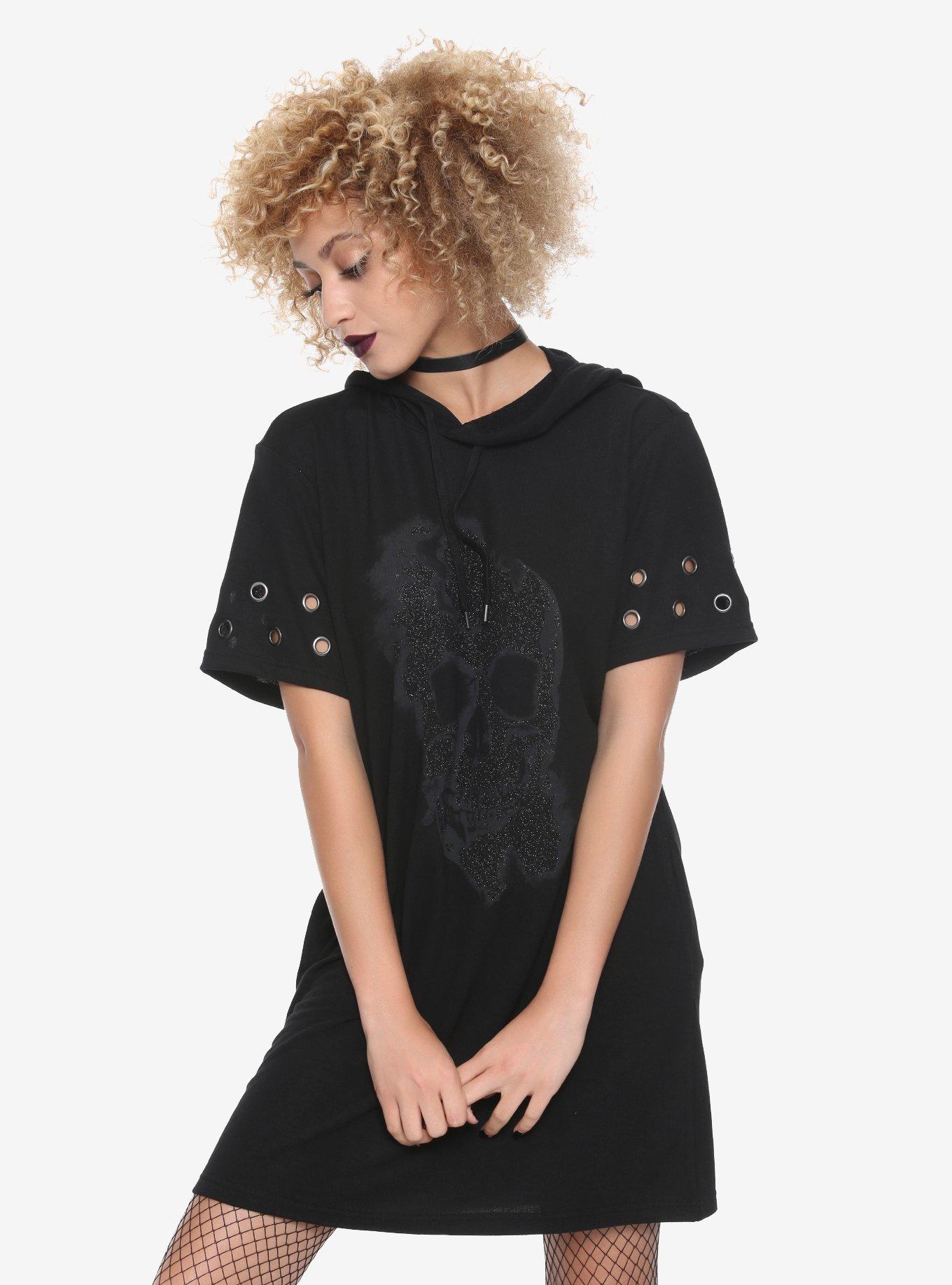 Black Glitter Skull Hematite Grommet Short-Sleeve Hooded Dress, BLACK, hi-res