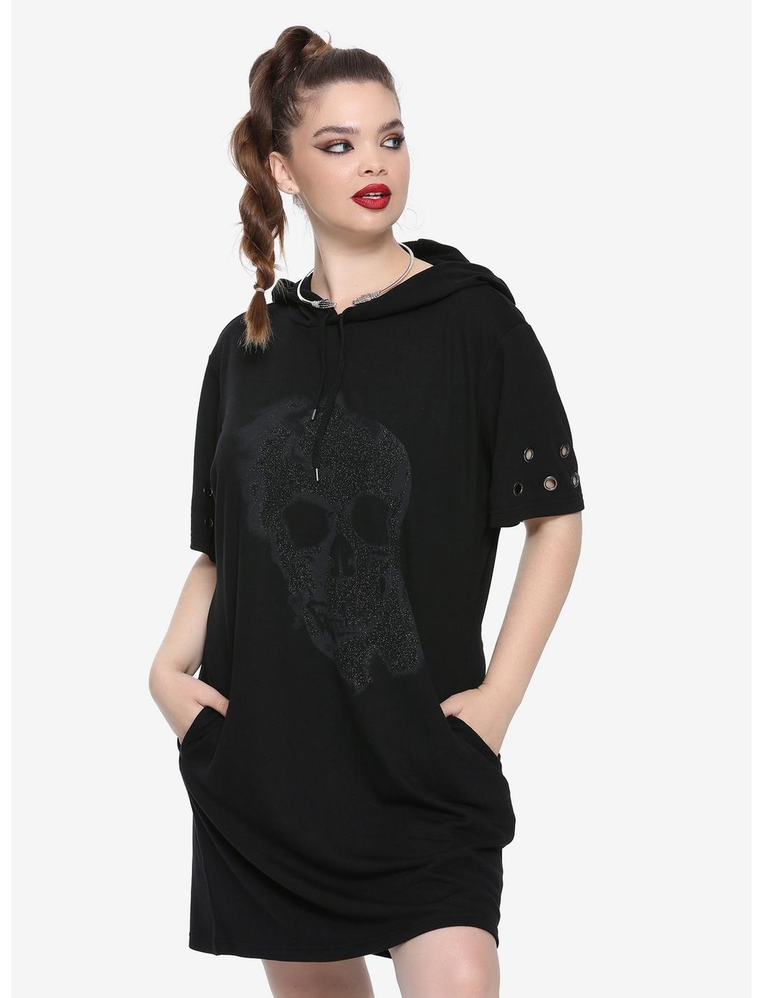 Black Glitter Skull Hematite Grommet Short-Sleeve Hooded Dress Plus Size, BLACK, hi-res