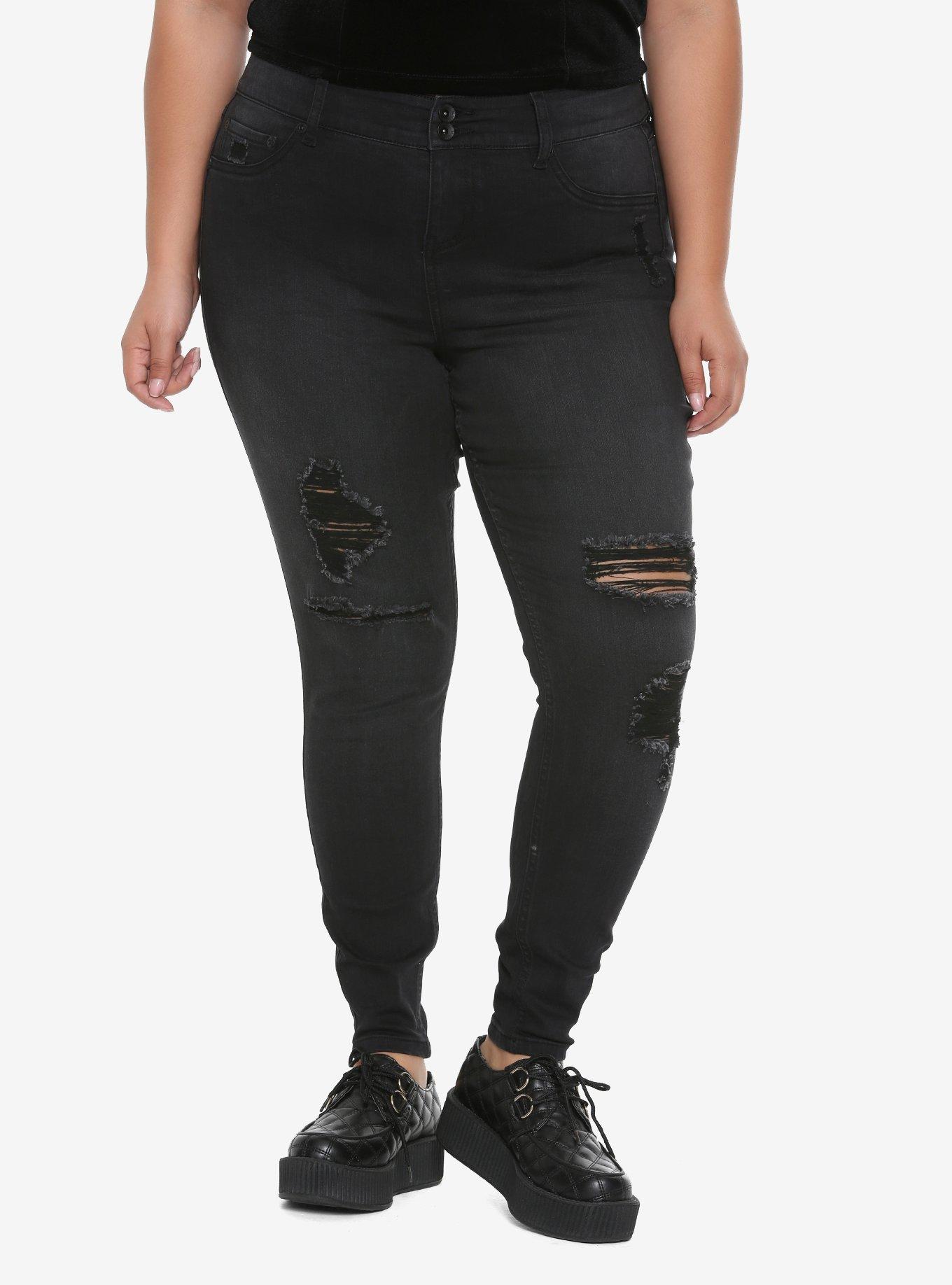 Blackheart Black Destructed Jeggings Plus Size, BLACK, hi-res