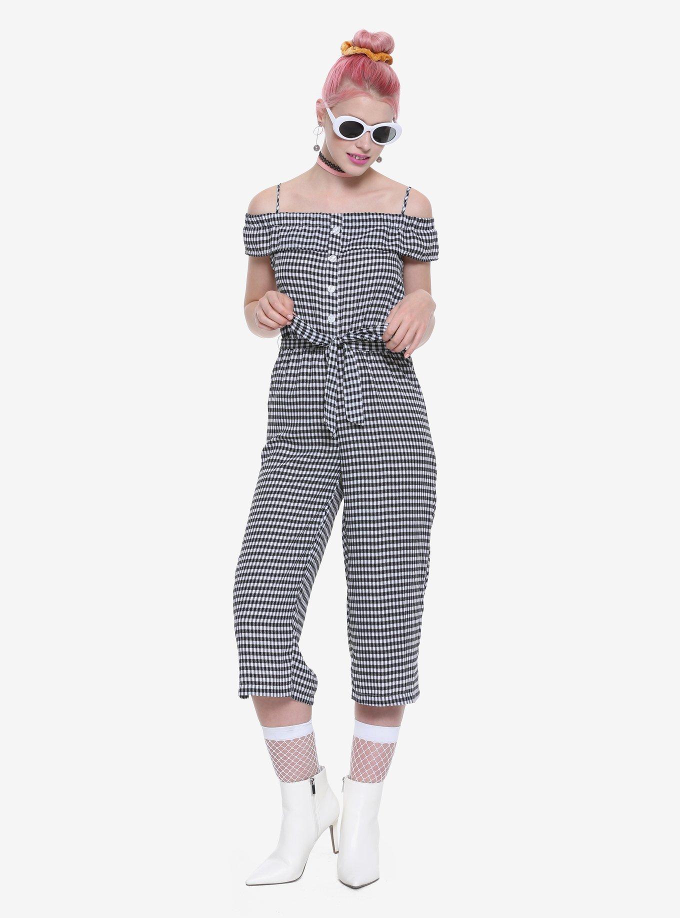 Black & White Gingham Romper Jumpsuit, BLACK, hi-res