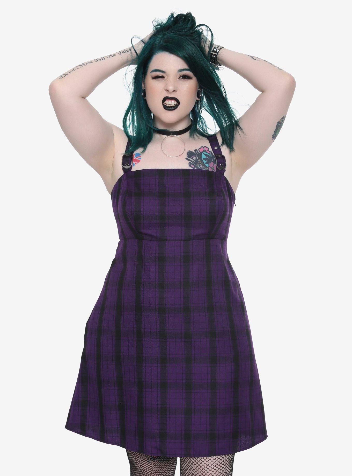 Purple & Black Plaid Buckle Strap Dress Plus Size, PURPLE, hi-res