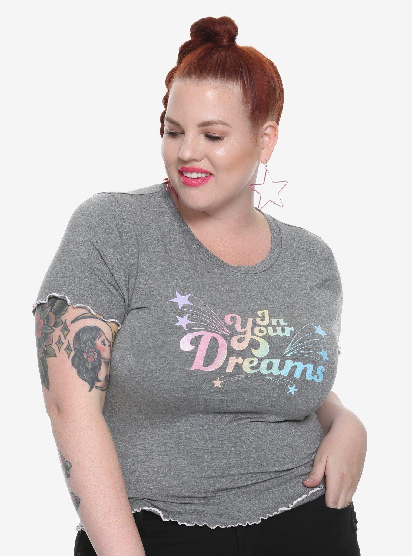 In Your Dreams Pastel Glitter Lettuce Hem T-Shirt Plus Size, GREY, hi-res