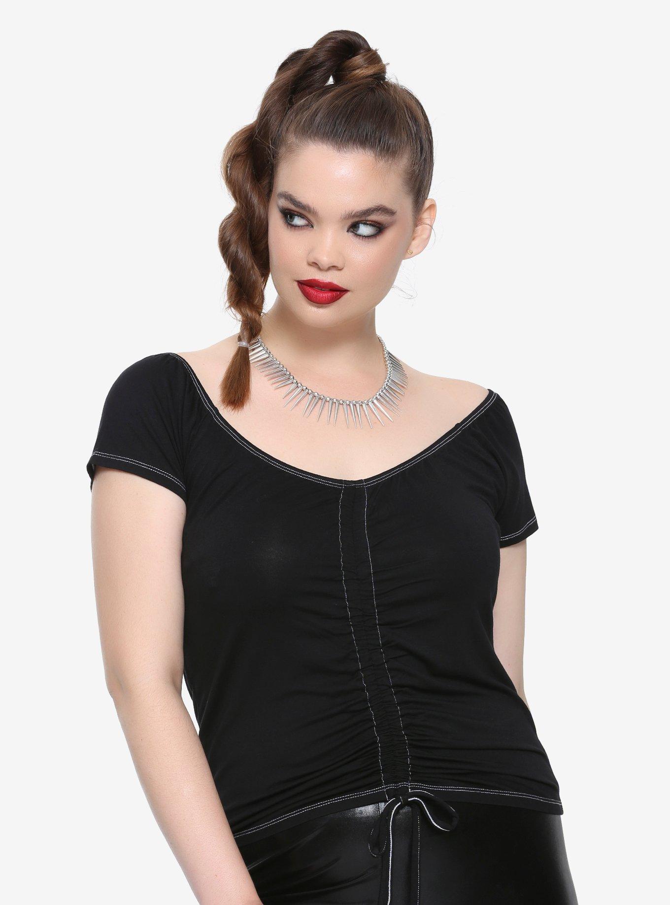 Black Ruched Center Girls Top Plus Size, BLACK, hi-res