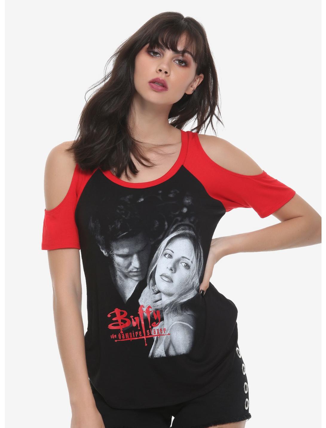 Buffy The Vampire Slayer Buffy & Angel Girls Cold Shoulder Raglan, BLACK, hi-res