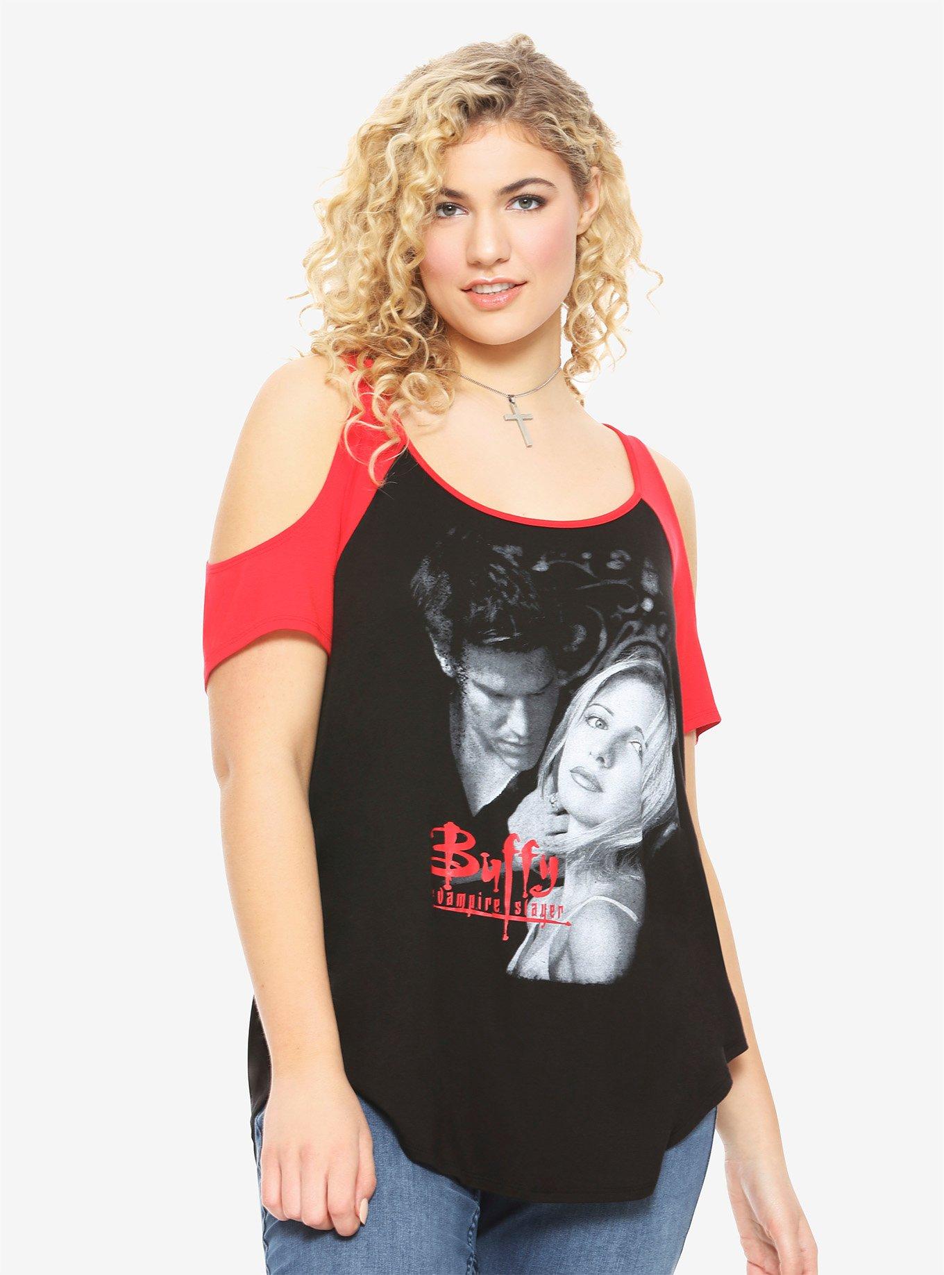 Buffy The Vampire Slayer Buffy & Angel Girls Cold Shoulder Raglan Plus Size, BLACK, hi-res