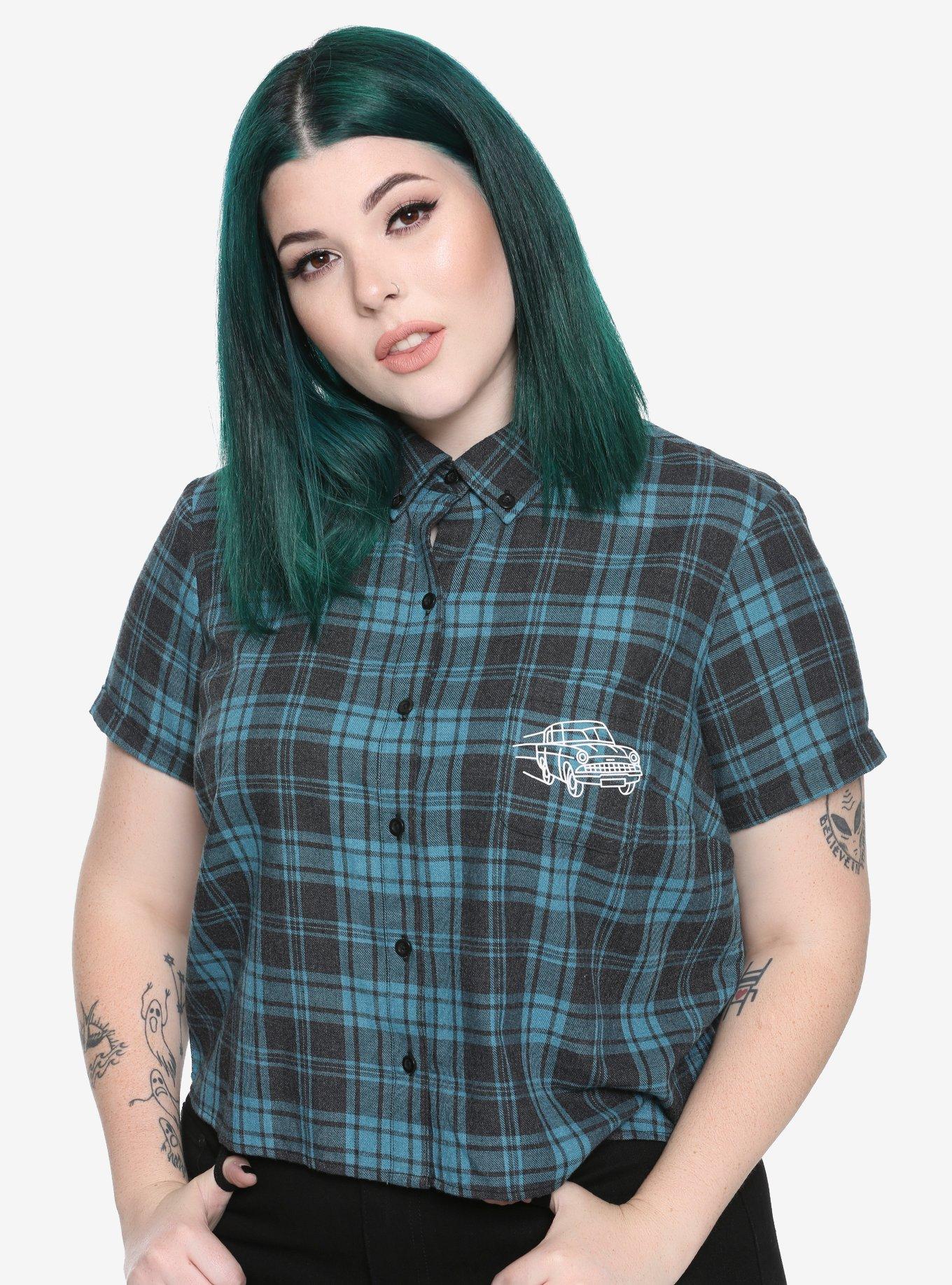 Harry Potter Forbidden Forest Girls Short-Sleeved Crop Woven Button-Up Plus Size, PLAID, hi-res