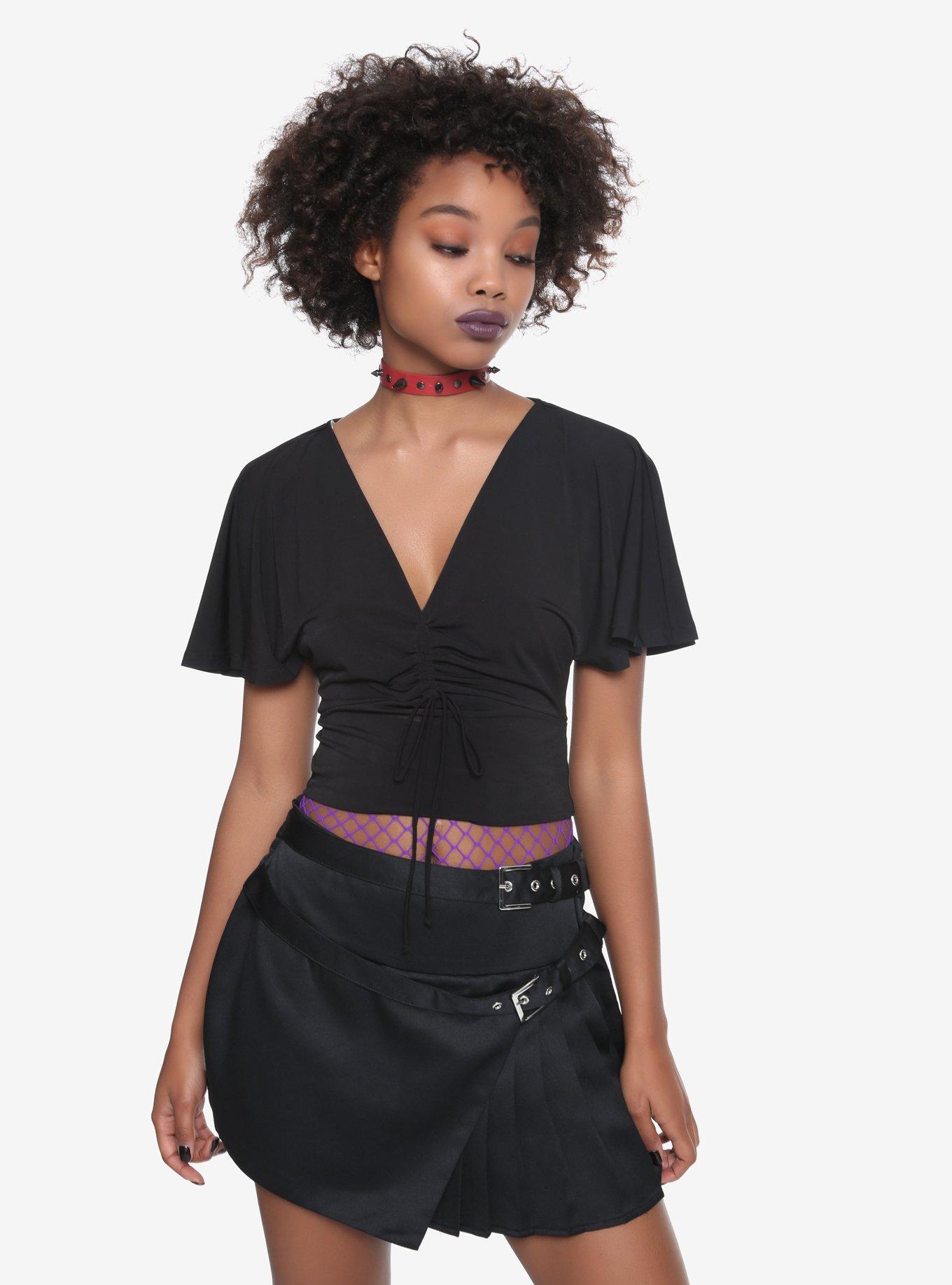 Black Cinch Front Girls Crop Top, BLACK, hi-res