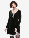 Black Long-Sleeved Lace Trim & Velvet Lace-Up Dress, BLACK, hi-res