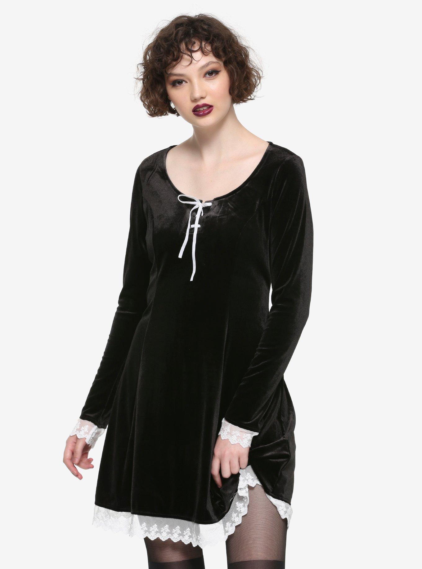 Black Long-Sleeved Lace Trim & Velvet Lace-Up Dress, BLACK, hi-res