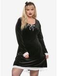 Black Long-Sleeved Lace Trim & Velvet Lace-Up Dress Plus Size, BLACK, hi-res