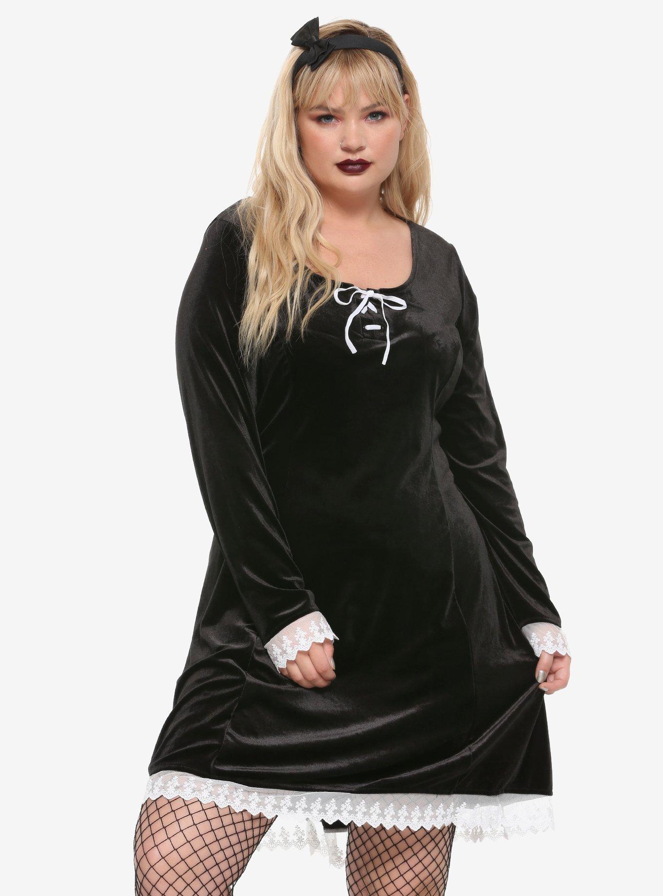 Black Long-Sleeved Lace Trim & Velvet Lace-Up Dress Plus Size, BLACK, hi-res