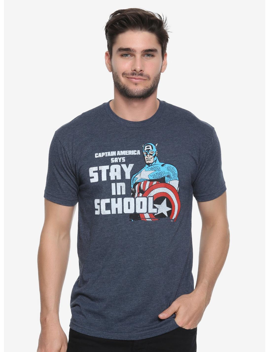 Marvel Captain America Stay In School T-Shirt - BoxLunch Exclusive, BLUE, hi-res