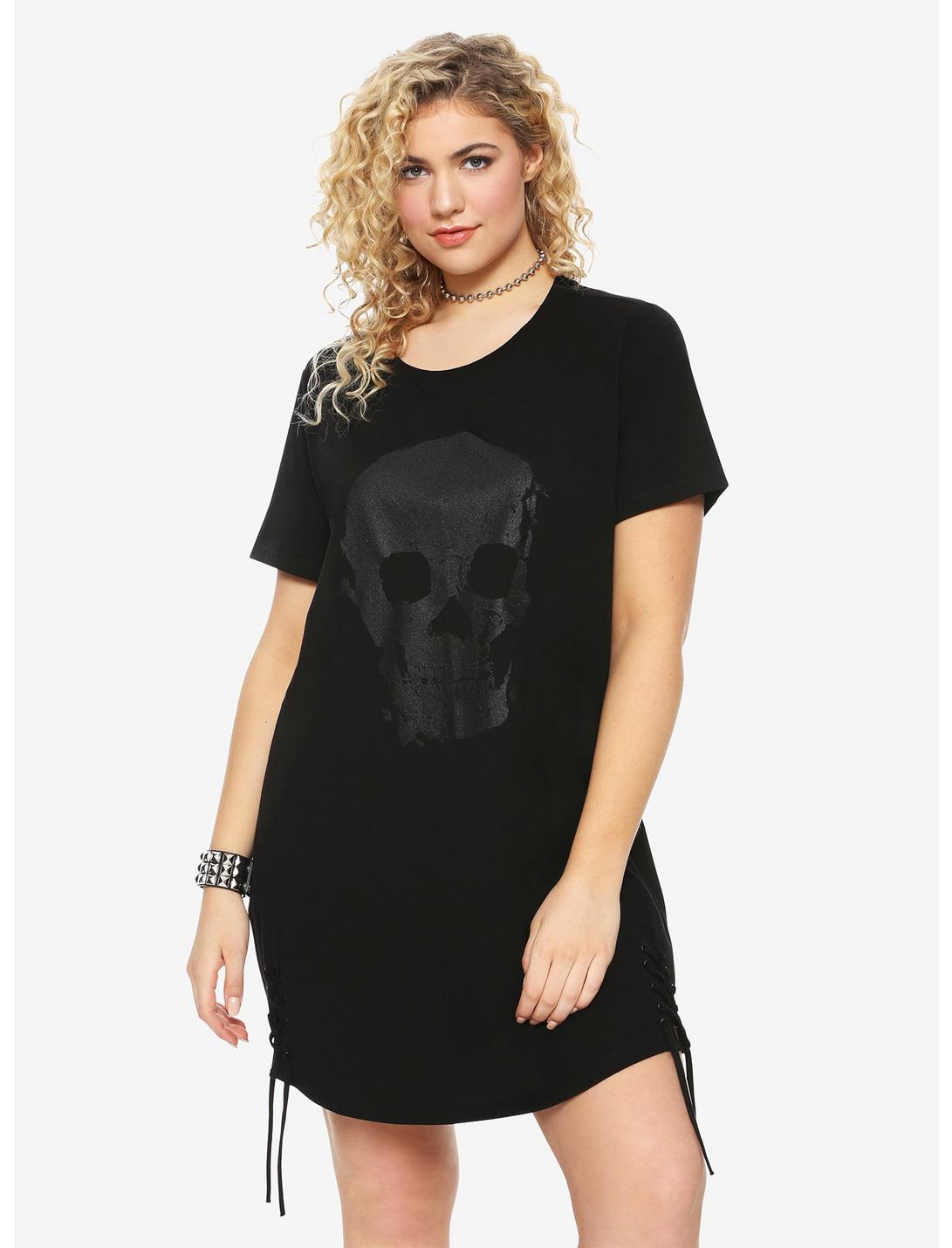 Black Glitter Skull Lace-Up Hem T-Shirt Dress Plus Size, BLACK, hi-res