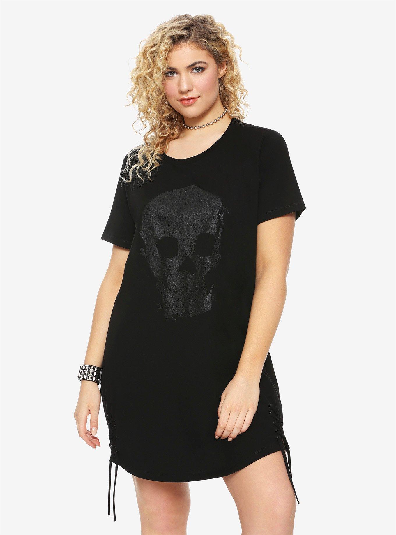 Black Glitter Skull Lace-Up Hem T-Shirt Dress Plus Size, BLACK, hi-res
