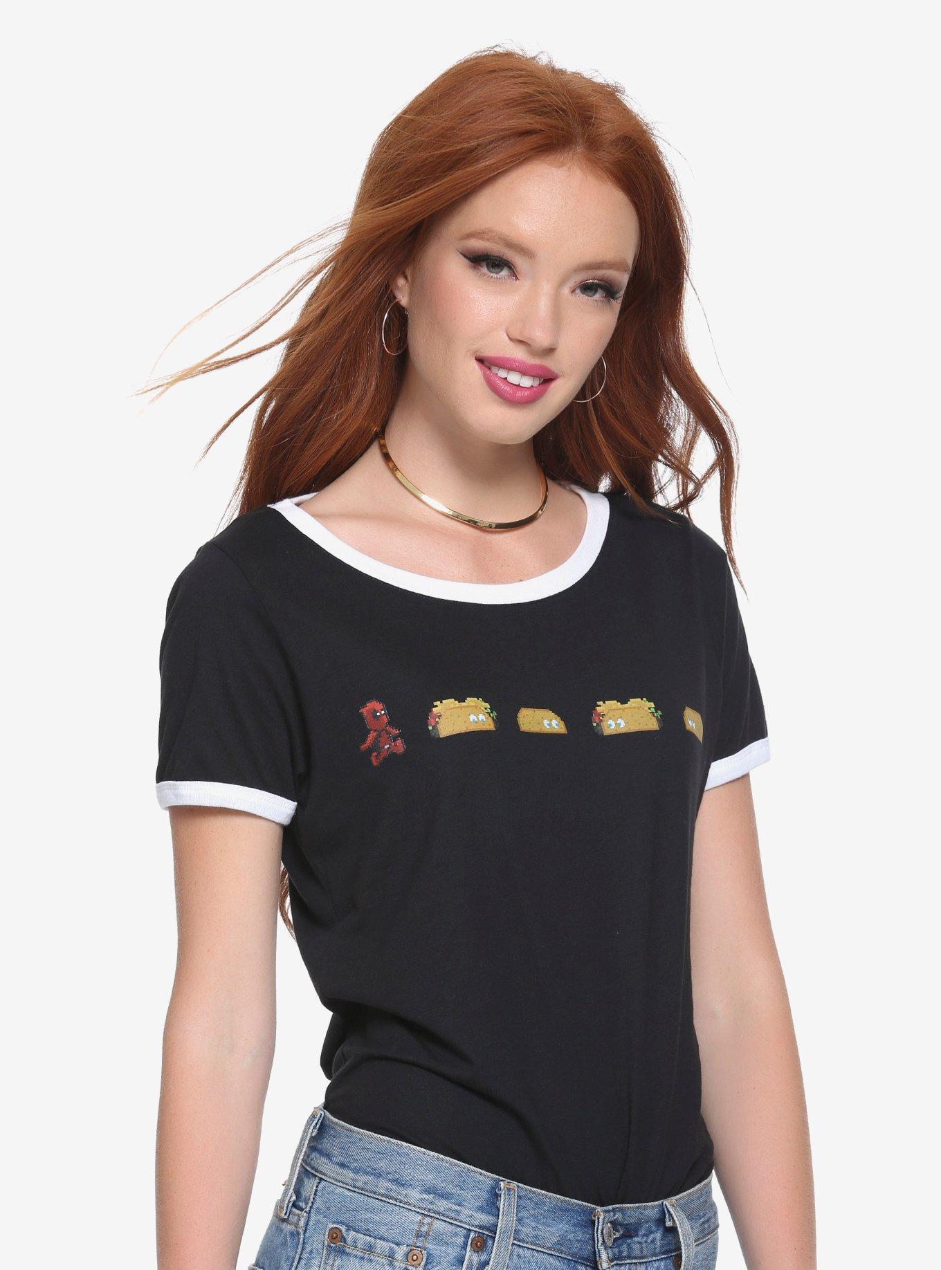 Marvel Deadpool 8-Bit Taco Womens Ringer Tee - BoxLunch Exclusive, BLACK, hi-res