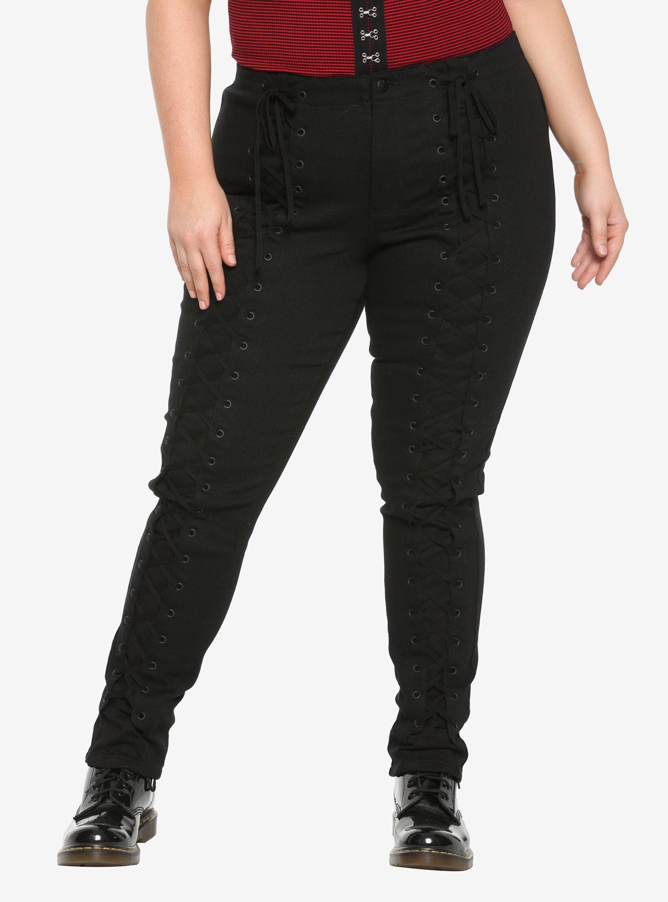 Tripp Black Lace-Up Pants Plus Size, BLACK, hi-res
