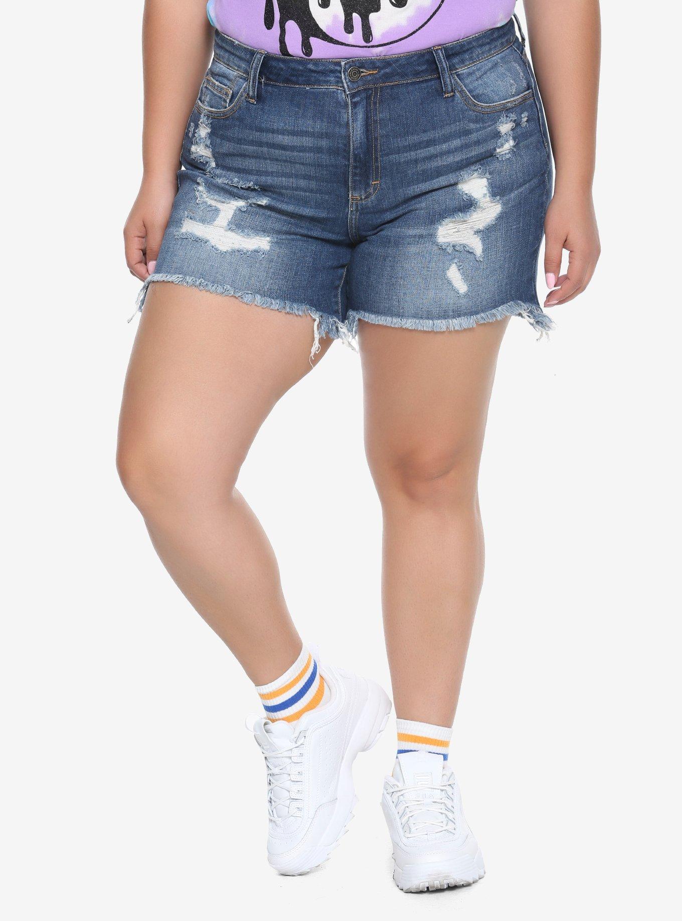 Indigo Destructed Denim Shorts Plus Size, BLUE, hi-res