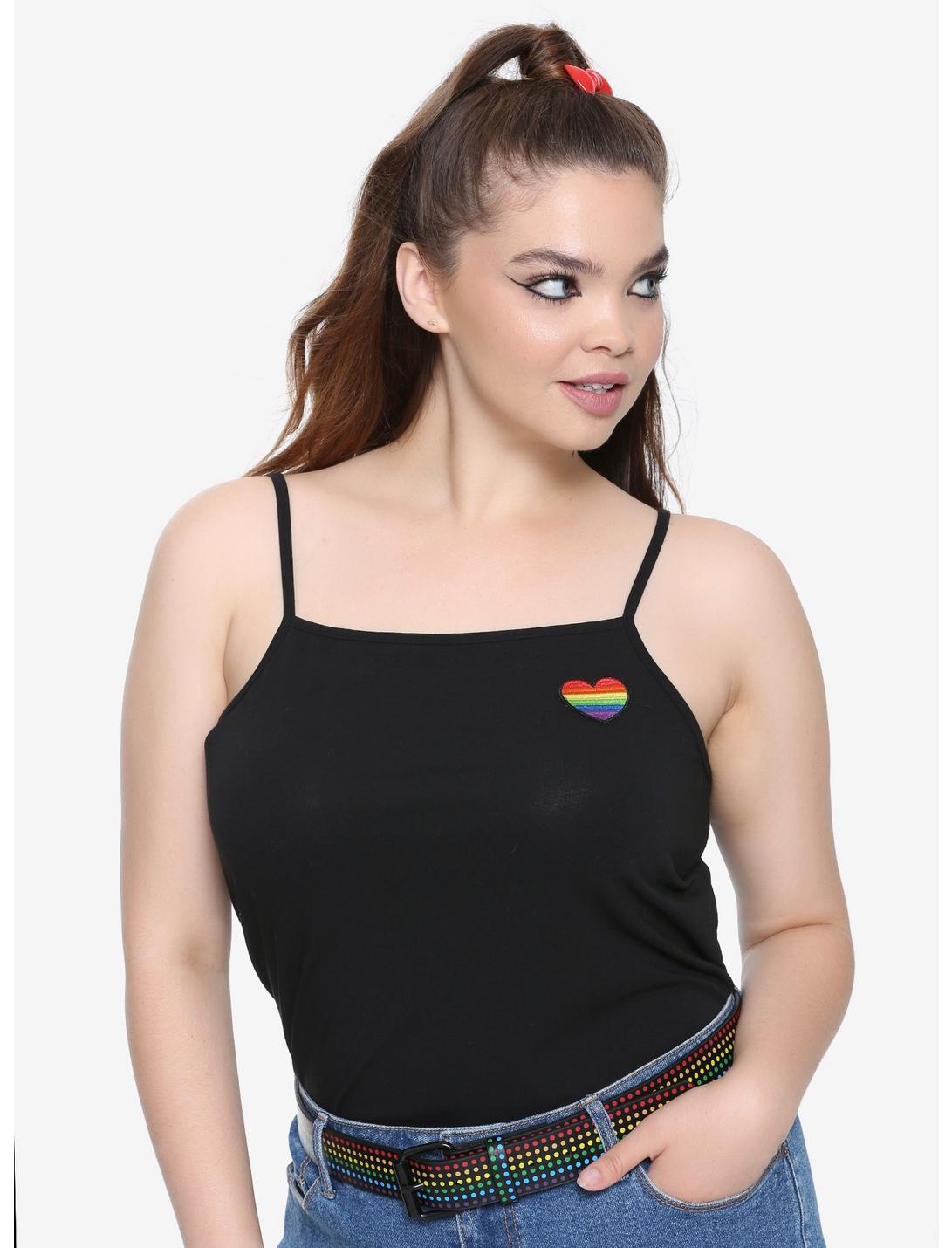 Rainbow Heart Patch Girls Cropped Cami Plus Size, BLACK, hi-res