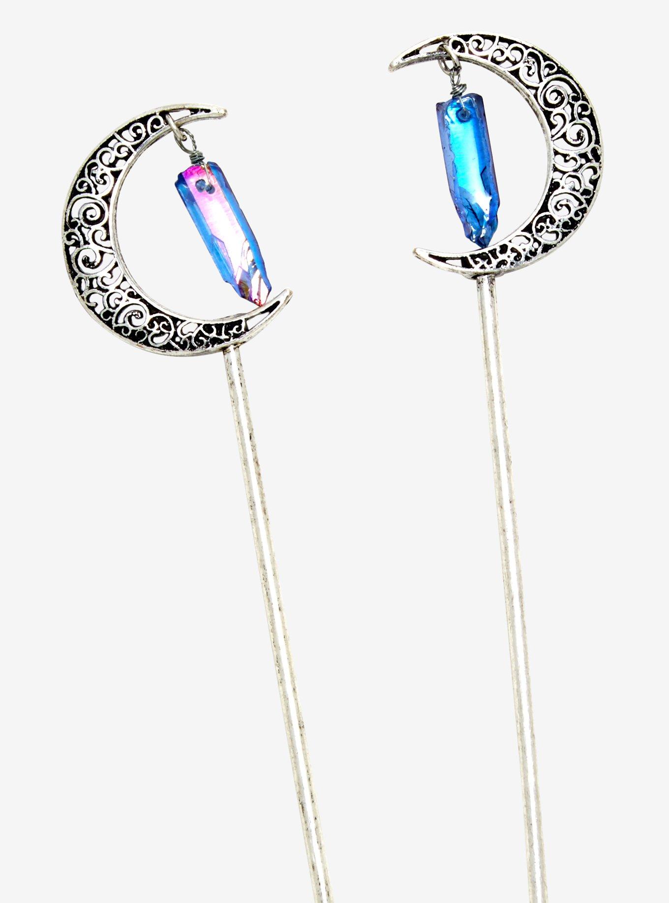 Crescent Moon Dangling Crystal Hair Pin Set, , hi-res