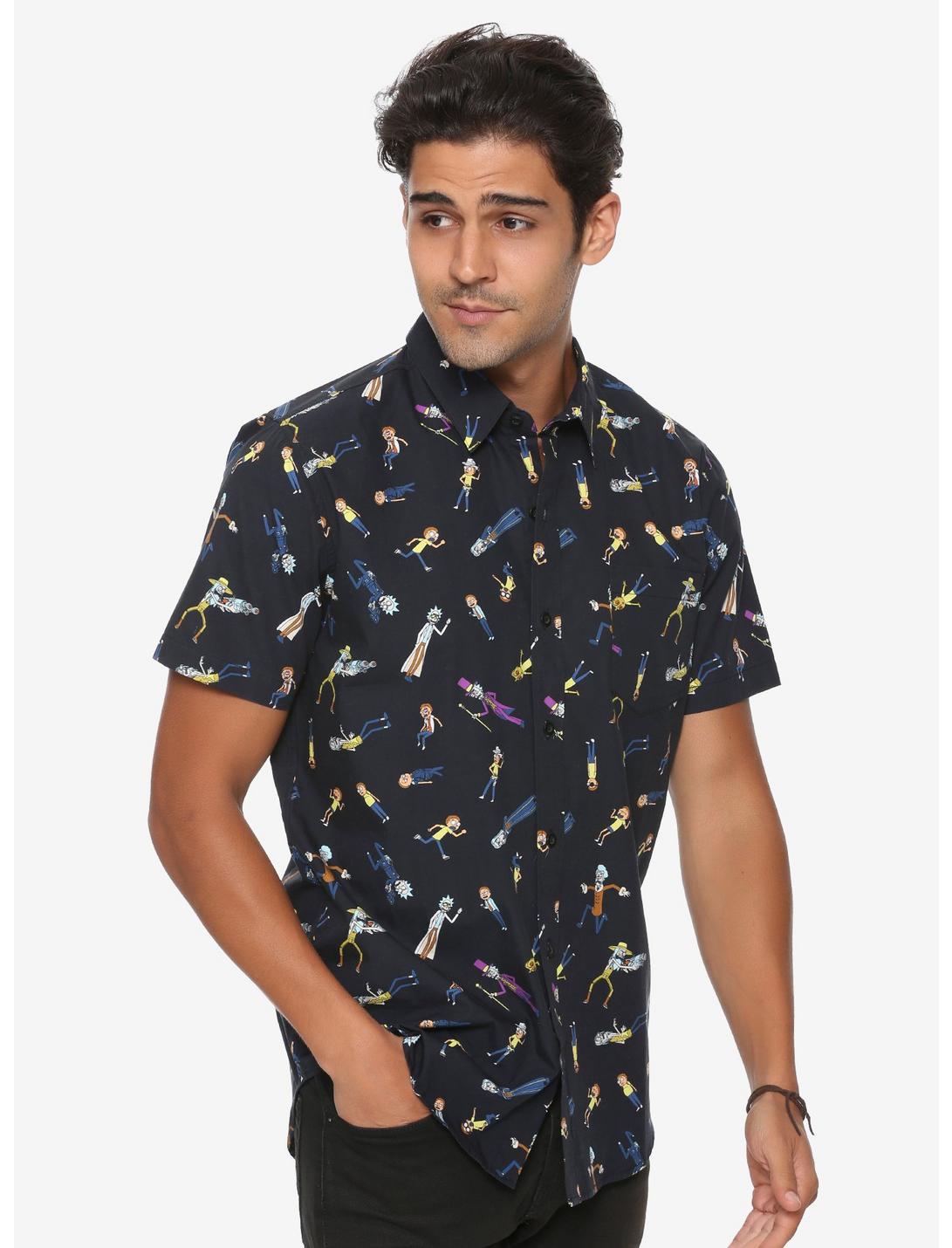 Rick And Morty Allover Print Woven Button-Up - BoxLunch Exclusive, BLACK, hi-res