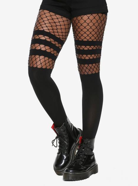 HOT TOPIC RAINBOW ELASTIC TOP BLACK FISHNET THIGH HIGH STOCKINGS FOR GARTER  NWT